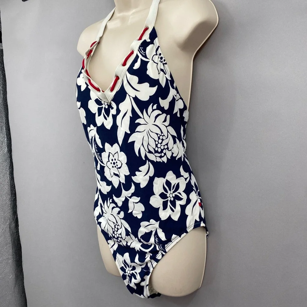 Tommy Hilfiger Floral Halter One Piece Swimsuit Womens 14 Navy White Nautical